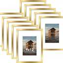 9x12 Picture Frame Sef of 10, Display Pictures 6x8 with Mat or 9 x 12 Without Mat, Photo Frame Collage for Wall Gallery Decor, Wall Mounted, Gol