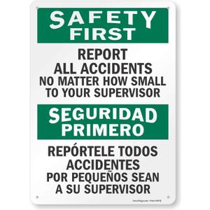 SmartSign - S-5981-PL-14 "Safety First - Report All Accidents To Supervisor" Bilingual Sign | 10" x 14" Plastic