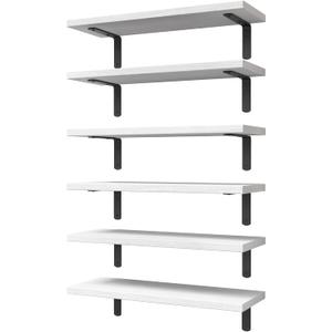 WOPITUES White Floating Shelves Set of 6,Wood for Bedroom,Modern Wall Decor,Bathroom Storage,Book Living Room[Upgraded]-White (HM011A)