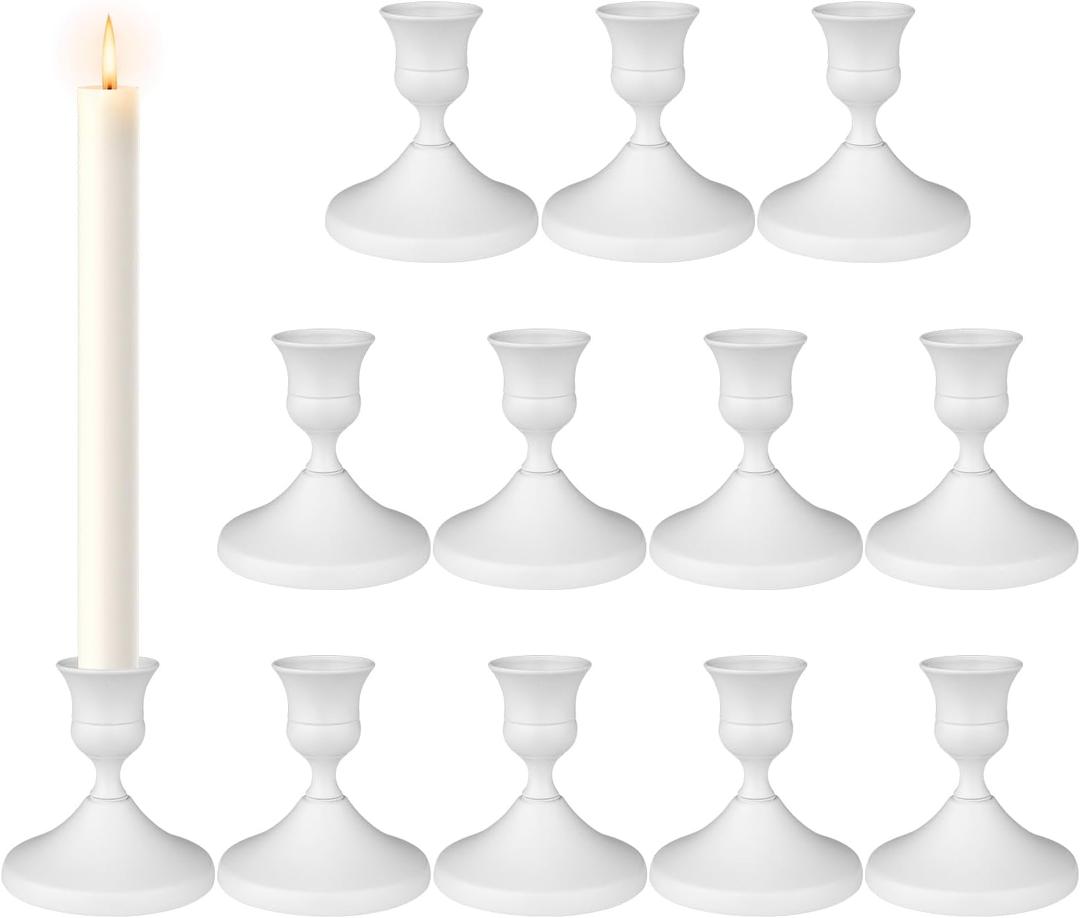 Candle Holders White Set of 12, Vintage Metal Candlestick Holders for Dinner Room Table Centerpiece, Low Metal Candles Sticks for Wedding Centerpieces Christmas Birthday Party (12, White)