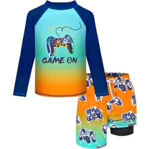 Boys Rash Guard Swim Set with Swim Trunks Bathing Suit Long Sleeve Swim Shirt Quick Dry Swimsuit Kids Gamepad Swimwear Size 8