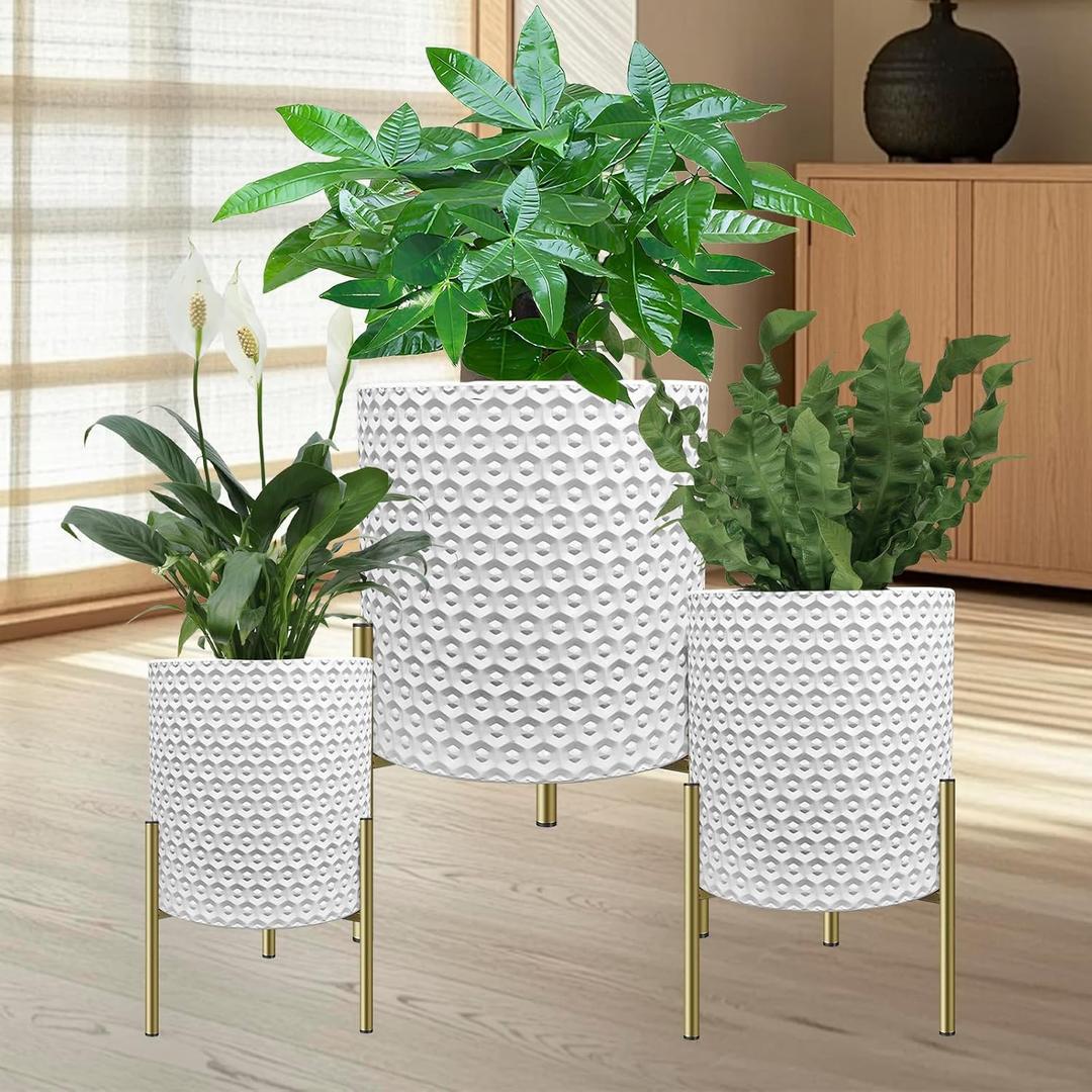 3 Pack Planter Pots with Stand and Drainage Holes, 8/10/12 Inch Indoor/Outdoor Plant Pots, Lightweight Durable Flower Pots for Herbs, Succulents, Modern Home Decor (White D1)