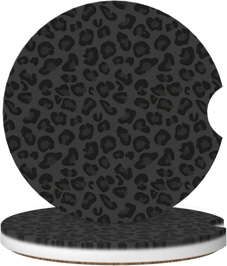 Absorbent Car Coasters for Cup Holders, 2 Pack Universal Anti Slip Ceramic Cup Coaster for Women Men 2.56 Inch Car Interior Accessories - Black Leopard Print 001
