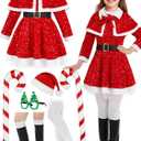 RUODON Kids Santa Costume, Christmas Girls Santa Dress Set with Hat Glasses Cape Belt Cane Socks Boot Covers (12-14 Years)