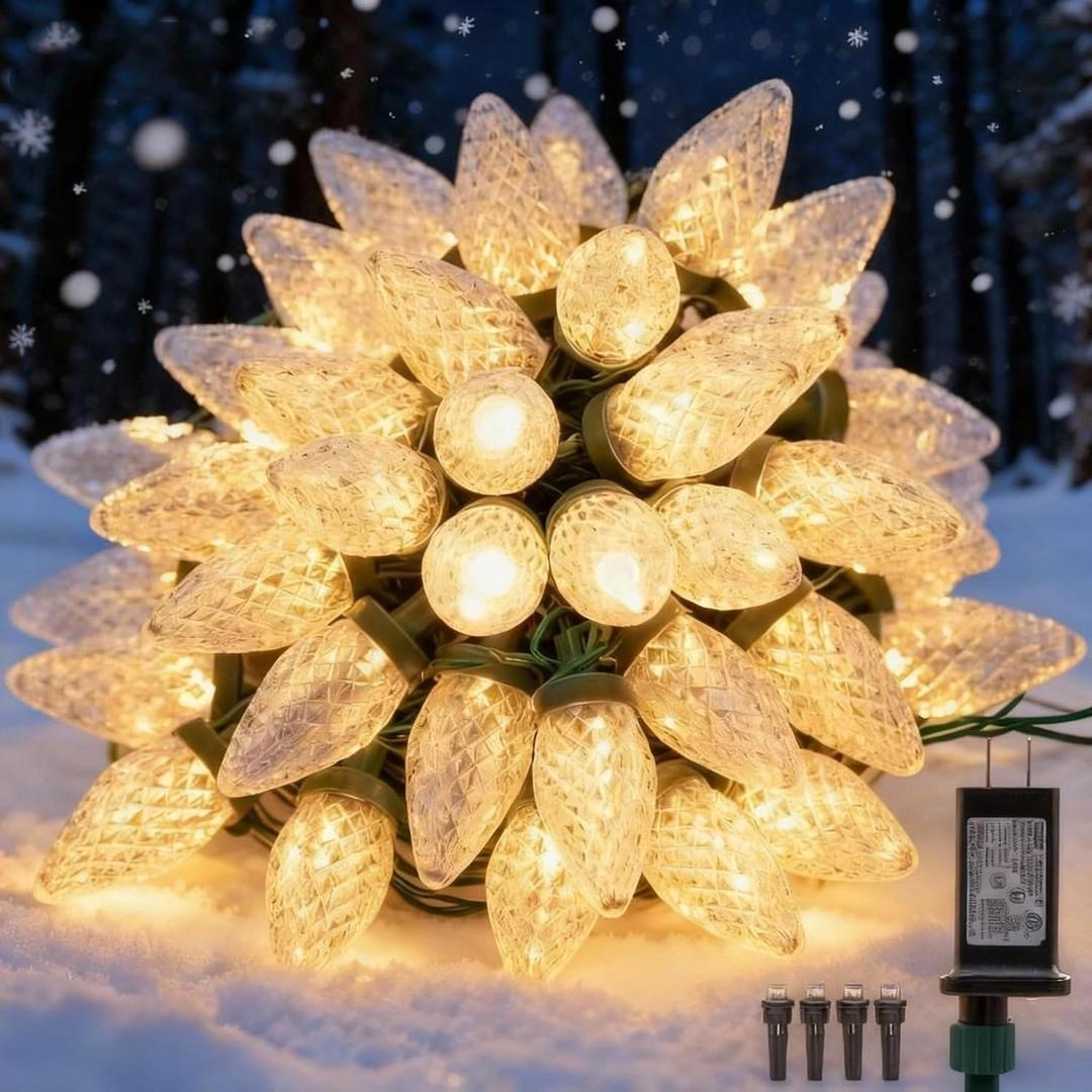 C9 LED Christmas Lights Outdoor,33 Feet 50 LED 8 Lighting Modes Waterproof Connectable Christmas String Lights for Outside Roofline Patio Home Xmas Decorations (Warm White)