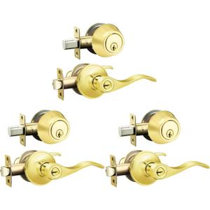 3 Pack Keyed Alike Lever Set with Single Cylinder Deadbolt, Reversible Wave Style Polished Brass Lockset, Lever Door Handle with Key and Lock for Bedroom, Front Door
