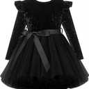 UNICOMIDEA 1-6T Toddler Velvet Dress Little Girls Tutu Tulle Crewneck Long Sleeve Holiday Party Fashion Dresses (Black)