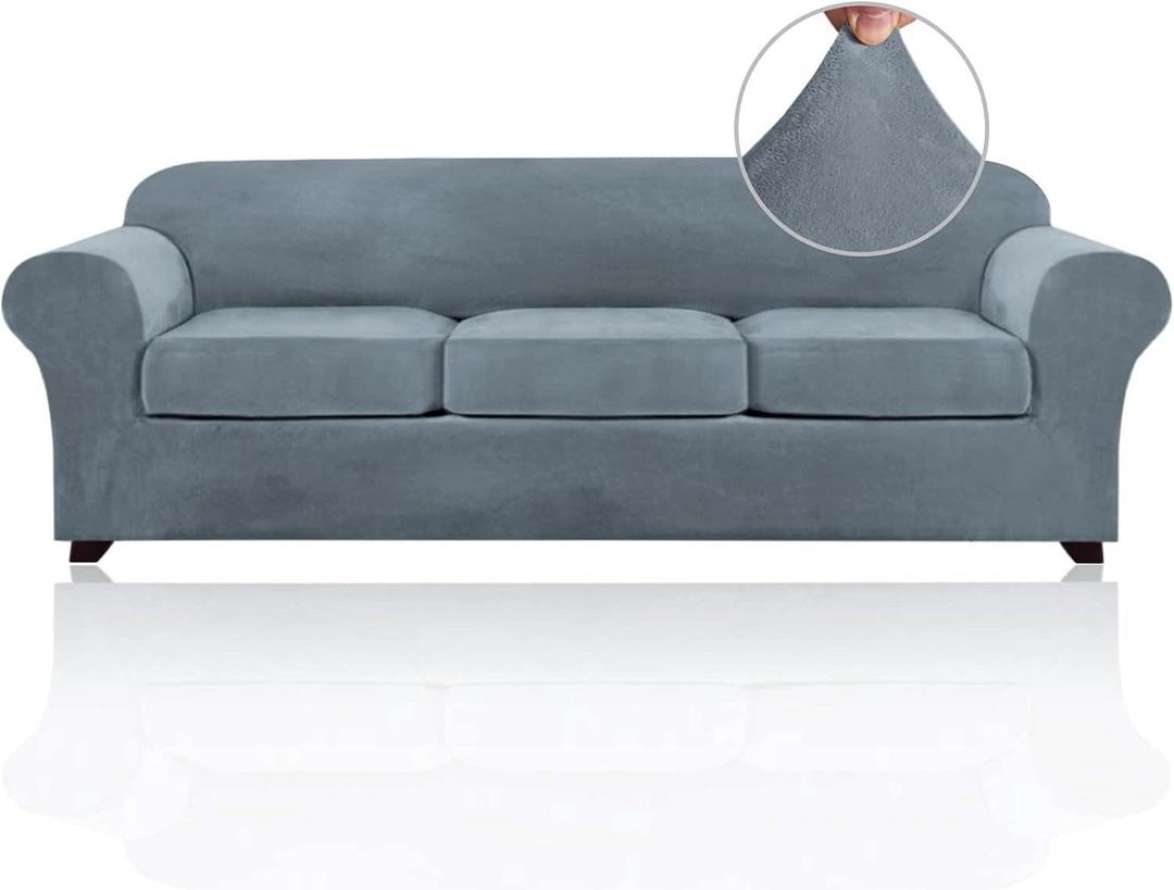 PrinceDeco Velvet XL Couch Cover for Oversized Sofa 4 Piece Sofa Covers for 3 Cushion Couch Washable Furniture Protector with Non Slip Elastic Bottom Width Up to 97 Inch(X-Large, Stone Blue)