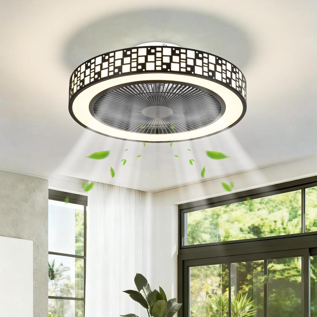 Modern Ceiling Fans with Lights, Low Profile Flush Mount Ceiling Fan Light Fixture, 3 Wind Speeds LED Reversible Ceiling Fan with Lights and Remote for Bedroom (Black