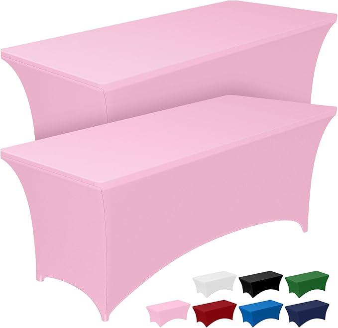 Obstal 6ft Stretch Spandex Table Cover for Standard Folding Tables - Universal Rectangular Fitted Tablecloth Protector for Wedding, Banquet and Party, 72L x 30W x 30H Inches, Light Pink, 2pc