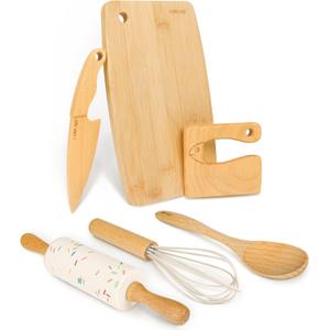Wooden Kids Safe Knife and Kids Baking Set for Real Cooking, 6 PCS Toddler Montessori Kitchen Tools, Cooking and Baking for Little Chefs