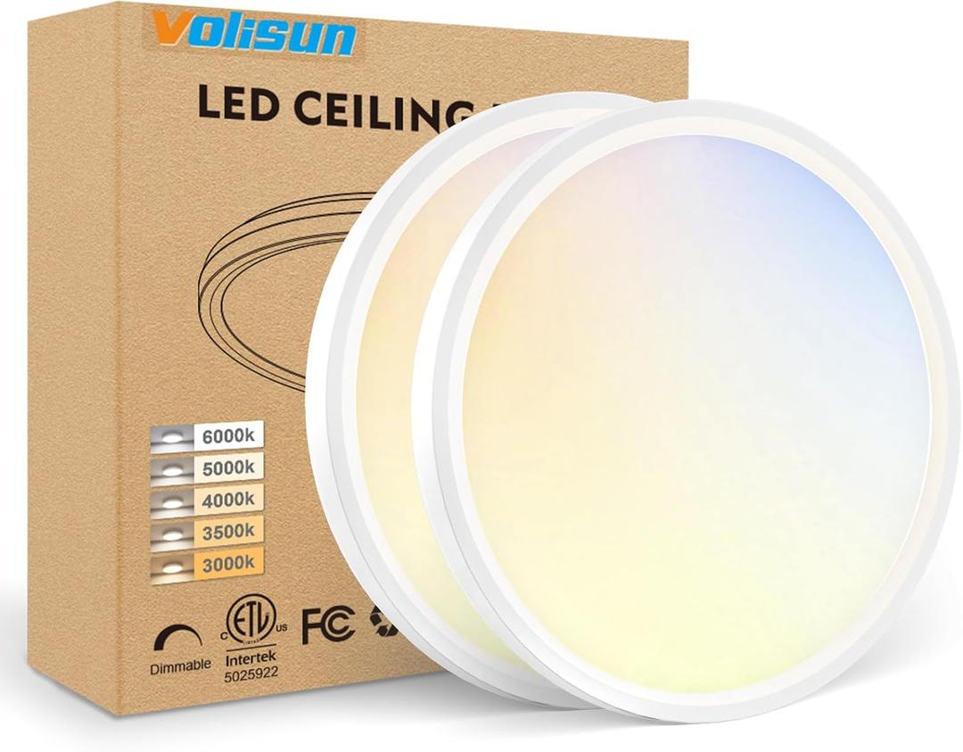 VOLISUN 2Pack 5CCT LED Flush Mount Ceiling Light, 7 inch Dimmable Ultra-Thin LED Ceiling Light Fixture, 3000K-6500K Selectable, 15W LED Ceiling Lights for Bedroom, Kitchen, Closet and Hallway (White)
