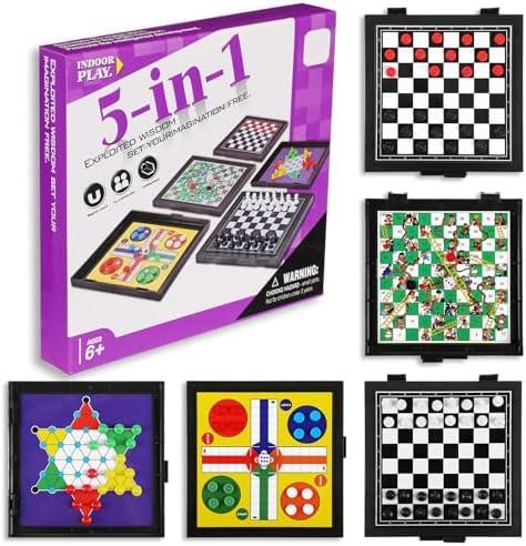 5 in 1 Small Magnetic Checkers Board Game Set Travel Game Road and Flight Trip Essentials Magnetic Travel Chess Checkers for Trip Camping Activities Party Game for Adults and Teens