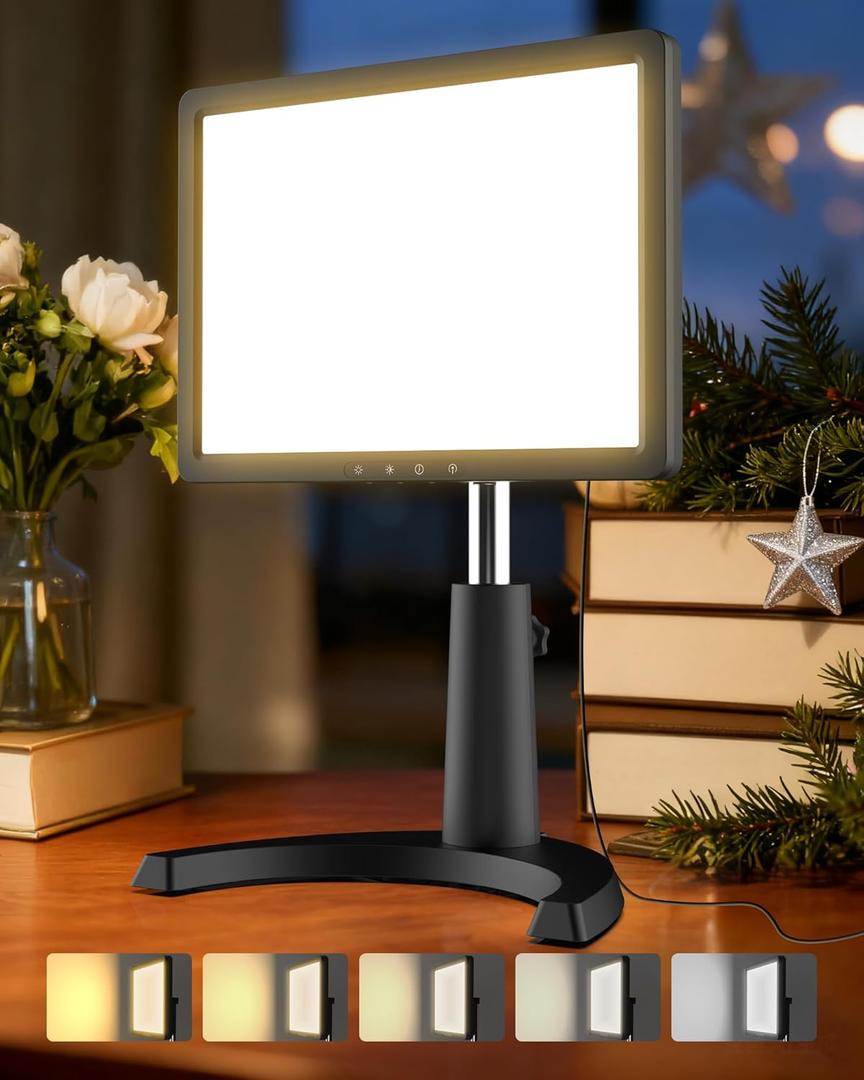 Light Therapy Lamp, 12000 Lux Full Spectrum 3 in 1 Therapy Lamps LED Sunlight, Adjustable 10 Brightness 5 Color Modes, Timer, Height, Angle& Detachable Stand, Black