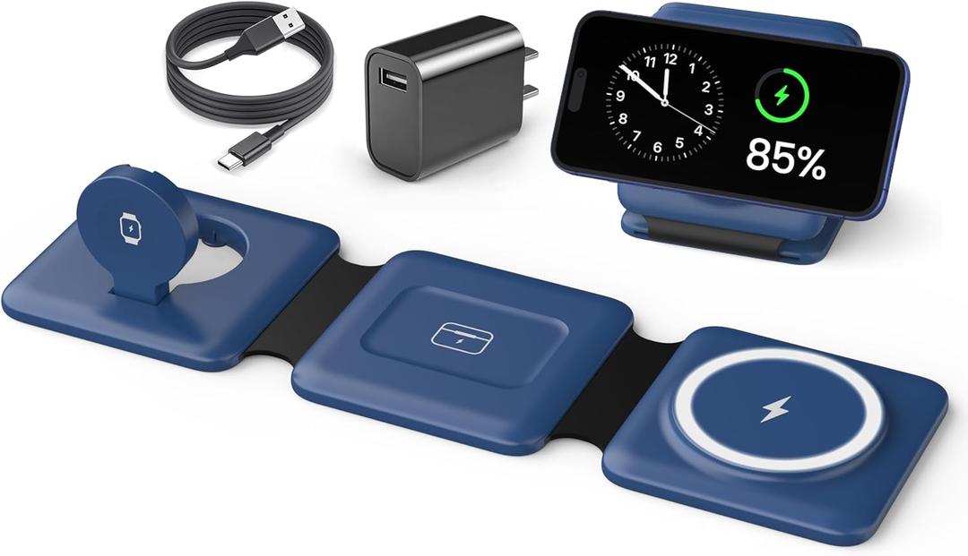 Charging Station for Apple Devices - 3 in 1 Magnetic Foldable Wireless Charger Dock - Travel Charging Pad for MagSafe iPhone 16 15 14 13 12 Pro Max Plus Watch & Airpods (Blue)