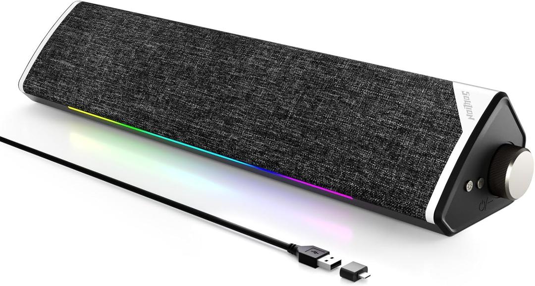 SOULION Computer Speakers, USB-Powered Bluetooth PC Soundbar with Dynamic RGB LED Lights, Surround Sound for Desktop, Laptop, Office, Work, Music & Gaming, Black (USB-C to USB Adapter Included)
