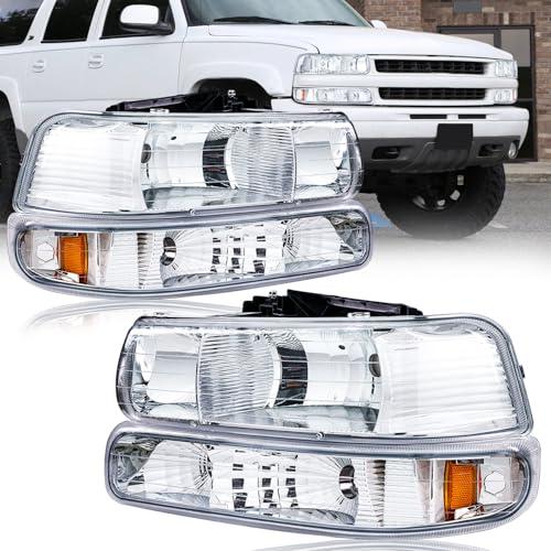 Fullux Headlights Assembly fit 1999-2002 Chevy Silverado 1500 2500 1500HD 2500HD 3500HD / 2000-2006 Tahoe Suburban 1500 2500 Replacements Headlamp Amber Reflector Chrome Housing