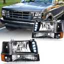 LED Headlights for 92-96 Ford F150 F250 F350 Bronco 1992 1993 1994 1995 1996 Replacements Assembly W/LED Bar Black Housing Amber Reflector