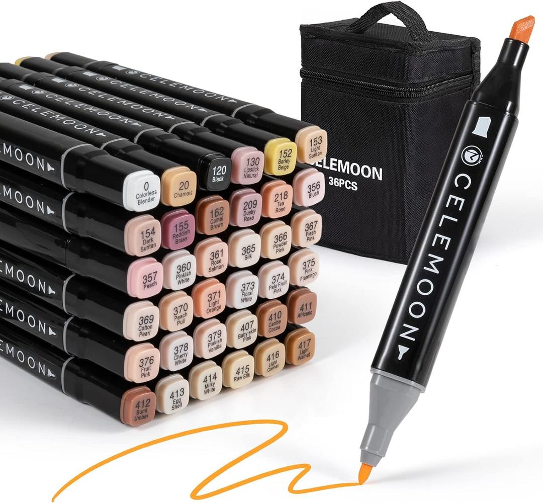 36 Skin Tone Colors Dual Tip Alcohol Markers Pens, Fine and Broad Chisel, Sketch Art Marker, Permanent for Coloring, Drawing, Portrait Illustration, Mid-tone Skin Tone and Hair Shades