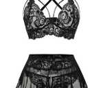 Foxiny Sexy Mini Skirt with G-String Crotchless Floral Lace Sheer Bralette Lingerie Set 3 Piece Otufits Women See Through Bra Panty Strappy Black X-Large