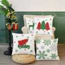 CaliTime Christmas Throw Pillow Covers Decorative 18 X 18 Inches Set of 4 Cozy Fleece Trees Deers Car Snowflakes Cushion Cases for Couch Sofa Bed Living Room Farmhouse Christmas Green Red