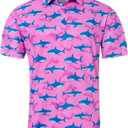 Fanient Men Golf Polo Shirts Short Sleeve 3D Printed Dry Fit Moisture Wicking 4-Way Stretch Summer Athletic Polo Shirts (Pink, L)