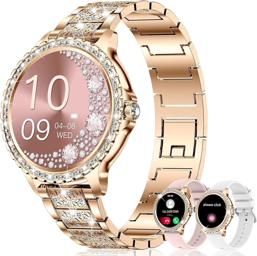 Smart Watches for Women(Make/Answer Call) with Diamond:1.32" Fitness Tracker Watch for HR/Blood Pressure/SpO2/Sleep Monitor,Digital Running Watches for Women Android/iOS,3 Strips