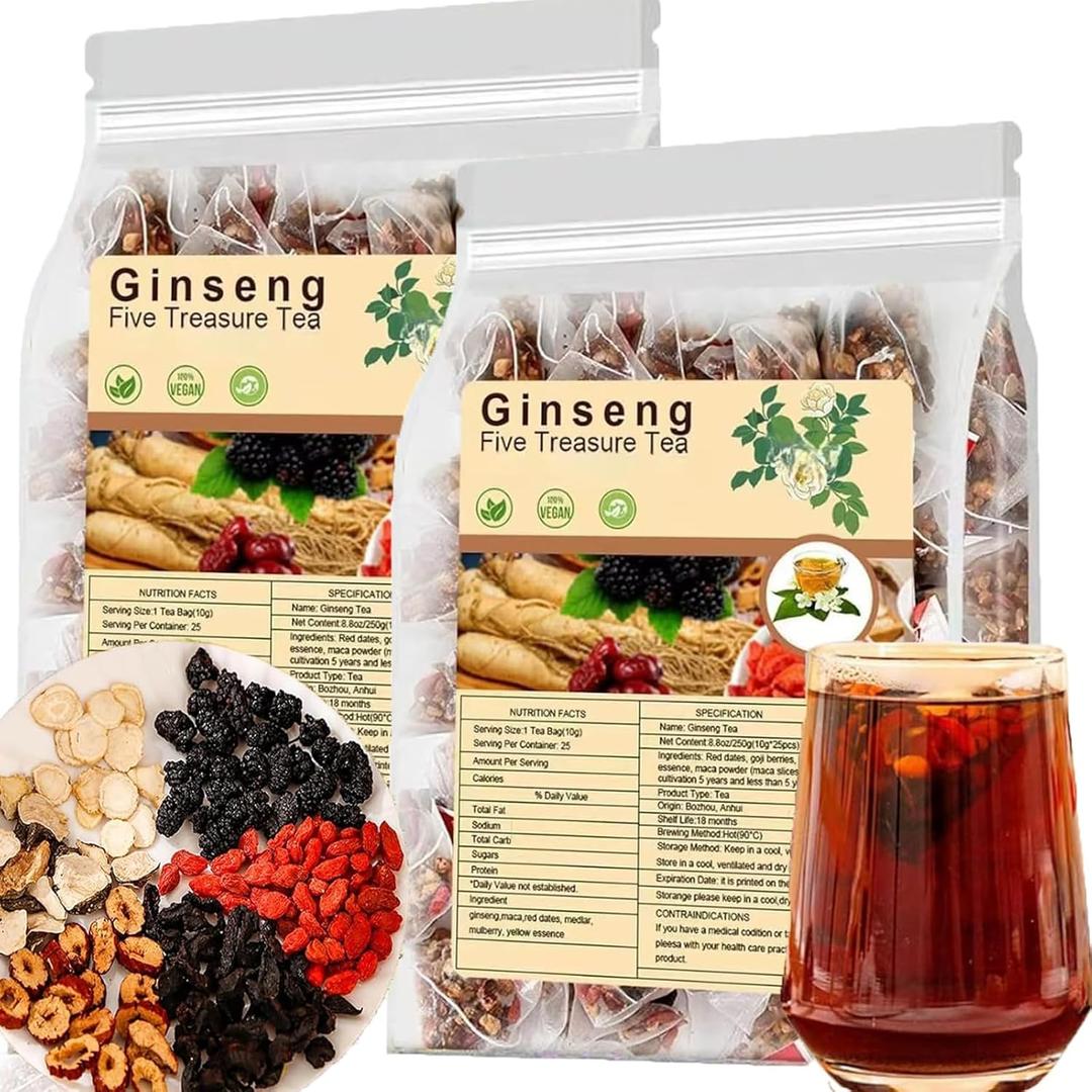 Ginseng Five Treasures Tea - Kidney Tea Formula Ginseng Six Treasure 6 Ingredients Wubao Herbal Red Date Natural Chinese Cleanse for Men Women (2Pack-50Bags)