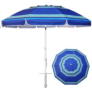 AMMSUN 8 Feet Large Beach Umbrella with Sand Anchor Heavy Duty High Wind Portable Outdoor Umbrellas UV 50+ Protection Air Vent Tilt Patio Garden Pool Blue Stripe