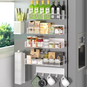 Magnetic Spice Rack for Refrigerator, 7 Pack 100% Metal Strong Magnet Shelves, Kitchen Spice Organizer W/ Hook Rack, Paper Towel Holder, Utensils Caddy, Home Laundry Room Storage Organization (White)