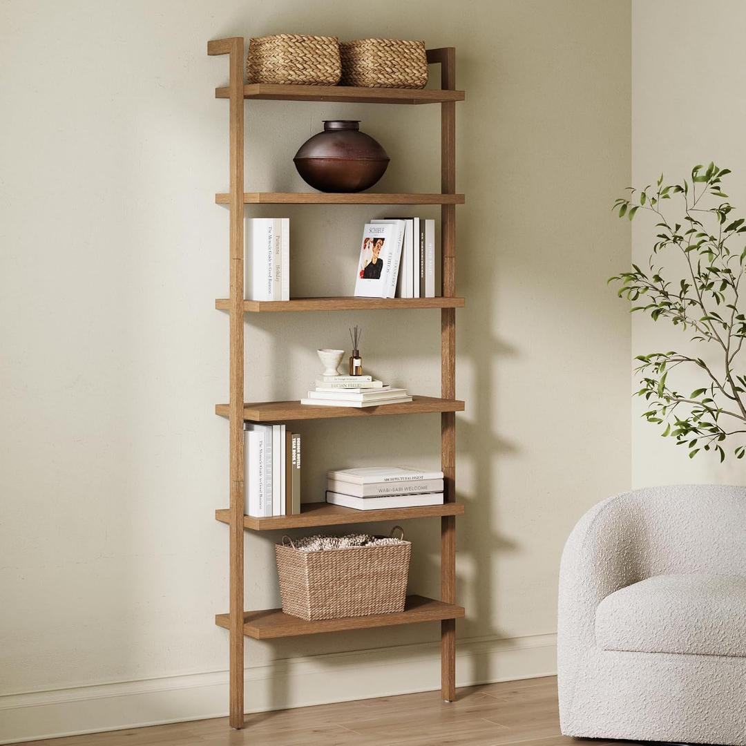 Nathan James Beacon Scandinavian 6-Shelf Wooden Wall Mounted Bookcase, Rustic Solid Wood Bookshelf, Light Brown