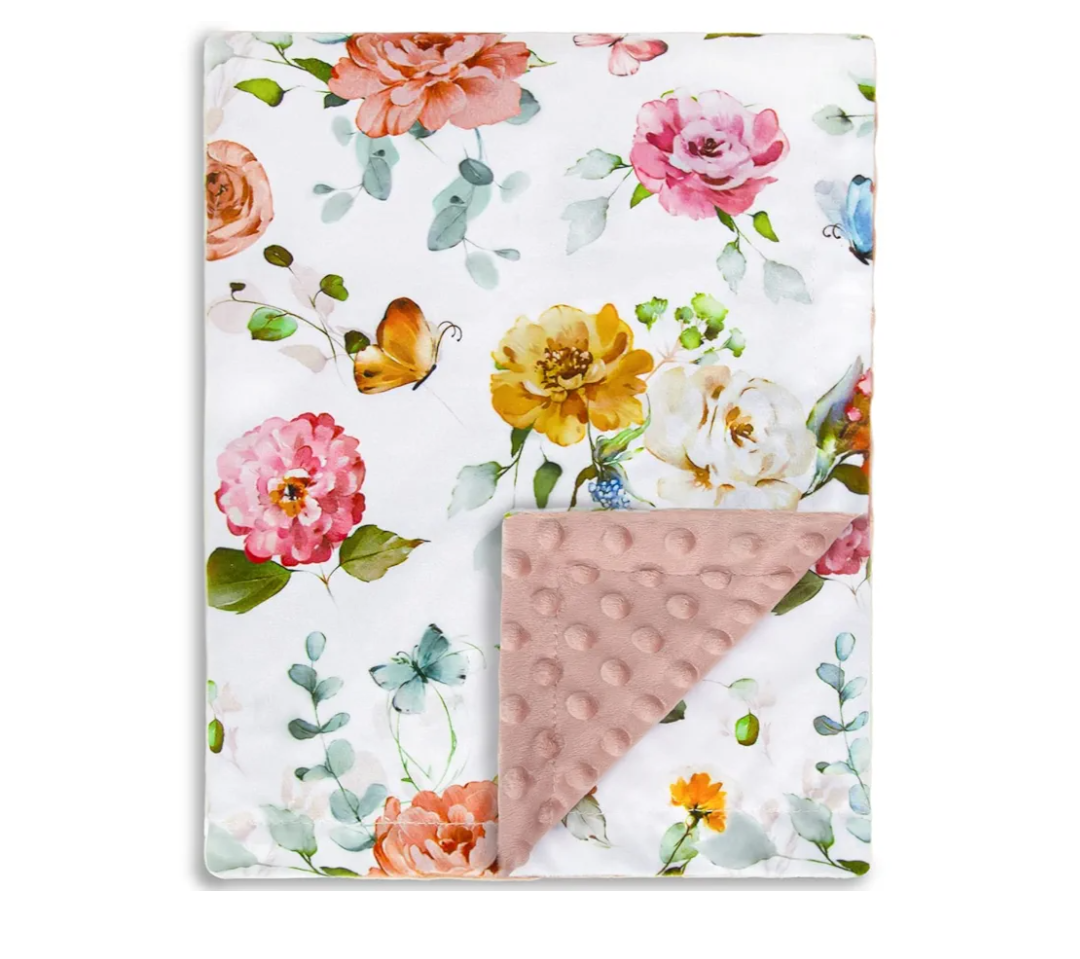 BORITAR Elegant Floral Baby Blanket for Girls Soft Plush Minky Blanket with Double Layer Dotted Backing, Multicolor Butterfly & Gentle Floral Printed 30 x 40 Inch(75x100cm)