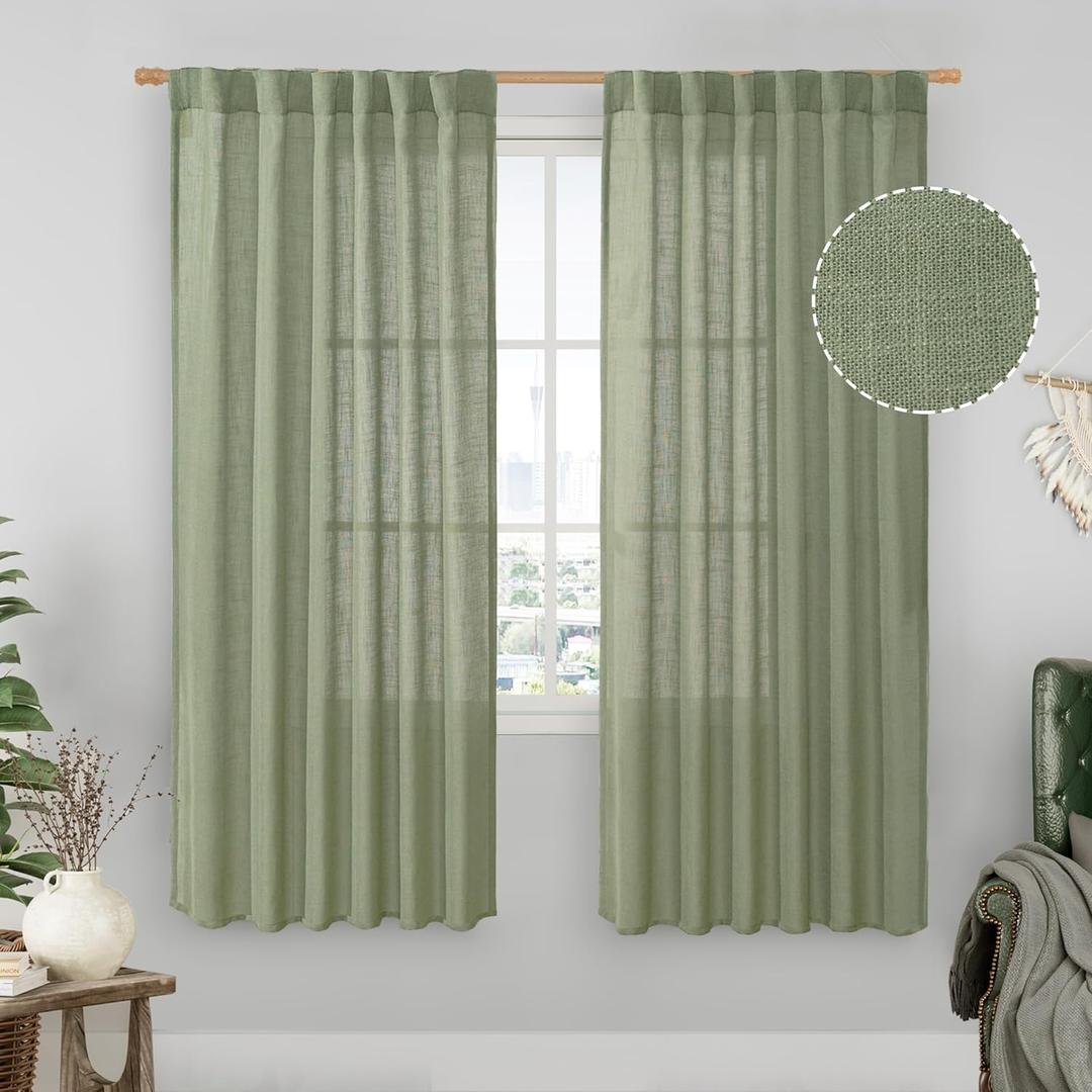 LAMIT Sage Green Light Filtering Linen Curtains 68 inches Long for Bedroom, Faux Linen Textured Semi Sheer Back Tab and Rod Pocket Boho Modern Drapes for Living Room/Farmhouse, 2 Panels, 52 x 68 Inch