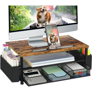 Wood Desk Organizers and Accessories, 2-Tier Computer Monitor Stand Riser with Drawer, Pen Storage & Phone Holder, Office Desk Accessories, Workspace Desktop Organization for Office SuppliesBrown