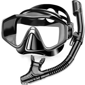 Snorkeling Gear for Adults, Dry-Top Snorkel Set with Tempered Glass, Anti-Fog & Anti-Leak Panoramic Swim Mask, Adjustable Snorkel Kit with Carry Bag for Scuba Diving, Swimming, Travel (Black)