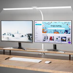 LED Desk Lamp, 31.5'' Wide Double Head Desk Lamps for Home Office, Dimmable 25 Lighting Modes 16W 1800lm Bright Desk Lighting, Eye Caring Architect Table Lamp for Workbench Monitor Study, White