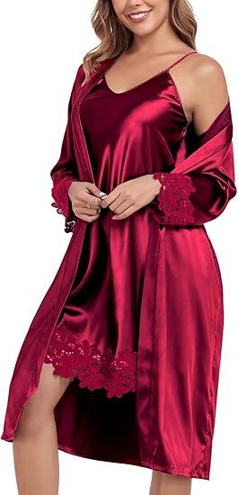 BestWendding Women's Silk Robe Set 2 Pieces Pajamas Sets Sexy Soft Satin Robe with V Neck Camisole Lingerie Nightgown, XXL