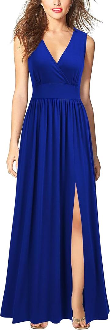 WOOSEA Women Sleeveless Deep V Neck Split Loose Sexy Plain Long Maxi Casual Dress (Blue, XL)