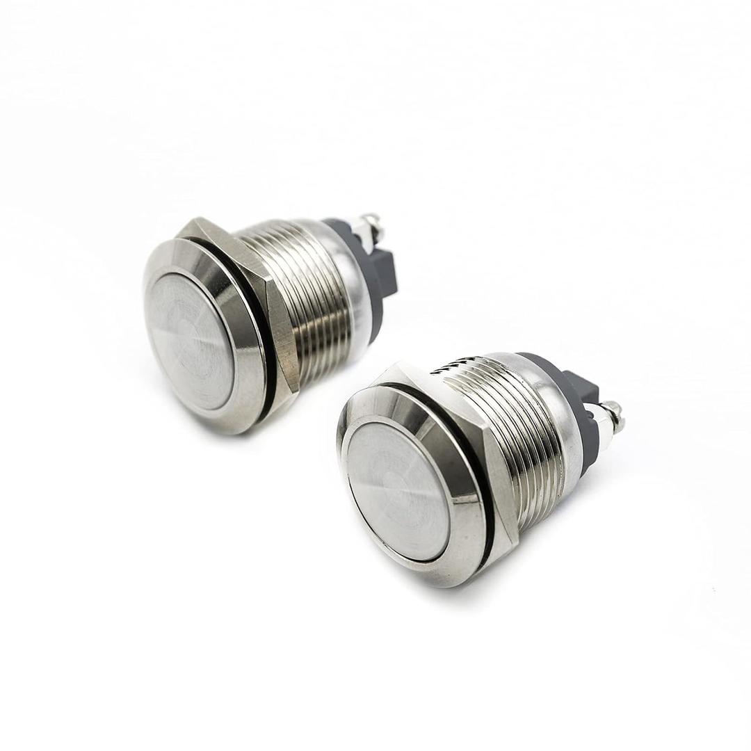 (Pack of 2) 19mm Momentary Stainless Steel Metal Push Button Switch Waterproof Flat Top 12V 24V 36 DC 110V 250V AC 5A 1NO SPST Screw Terminal Car Auto Horn Engine Start Horn Doorbell Power Switch