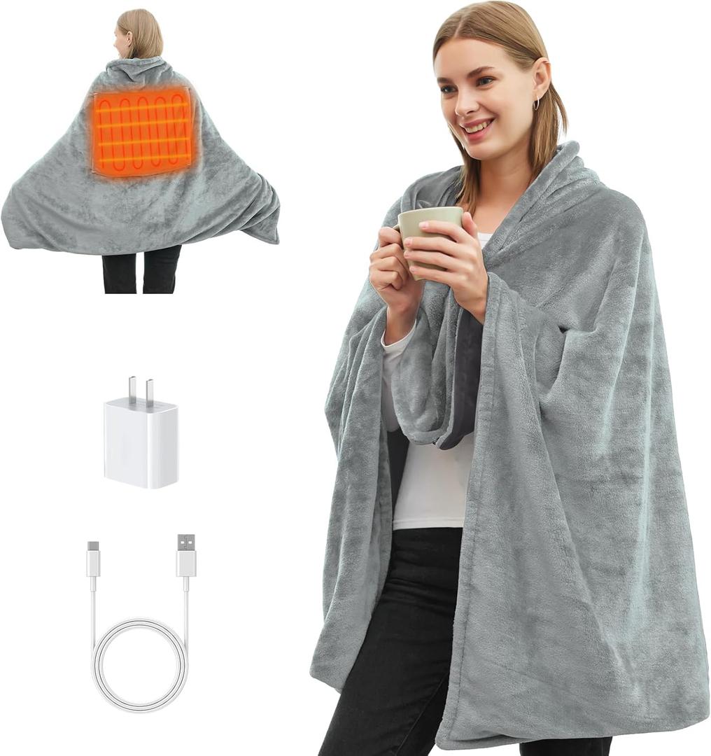 Portable USB Heated Blanket, Cordless Heated Throw Blanket 3 Heating Levels for Outdoor, Stadium, Car, Travel, Camping, Sports, 58"x 38"(Battery Not Included) Grey 