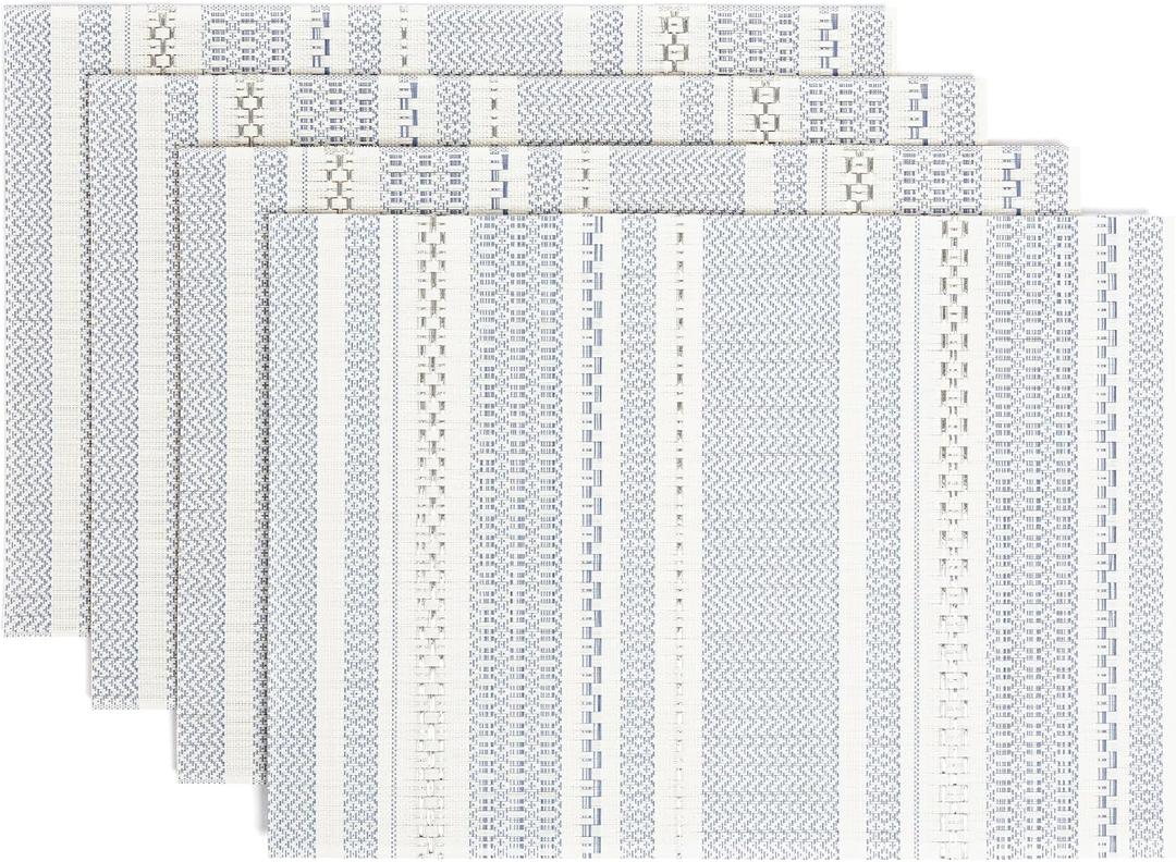 over&back Set of 4 Reversible Woven Placemats - Colorful Dining Room Table Mat - UVA/UVB-Proof Polypropylene - Indoor and Outdoor Kitchen and Home Decor - Striped - Blue - Rectangle