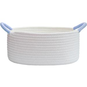 Basket for Gifts, Small Cute Shelf Baskets for Babies, Wedding, Birthday, White Rope Baskets with Blue Handle for Home Decor(Oval, 12"x 7.5"x 5")