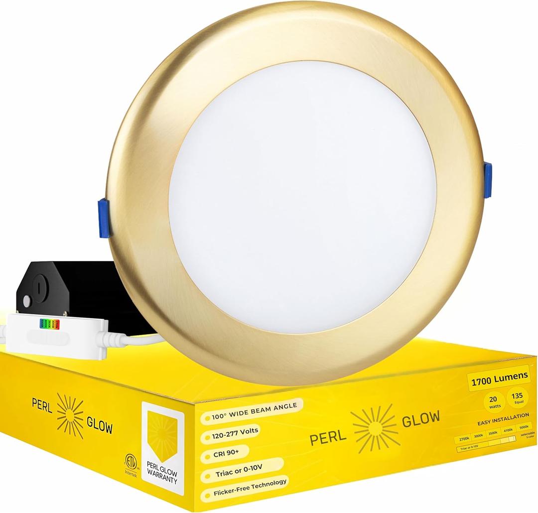 6 inch Slim Ultra-Thin Round Downlight Luminaire, Brushed Brass Finish, LED Recessed Light Fixtures Dimmable, 20W=135W, 1700 Lumens, IC Rated, 5CCT Selectable 2700K|3000K|3500K|4100K|5000K