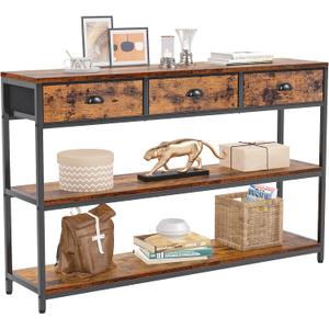 Furologee Long 47" Console Sofa Table with 3 Drawers, Entryway Table with 3-Tier Storage Shelves, Industrial Display Shelf for Entry Way, Hallway, Couch, Living Room, Kitchen, Foyer, Rustic Brown (47.2 inch)