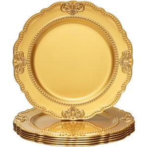 Spsyrine Gold Charger Plates, Set of 6 Scalloped Chargers for Dinner Plates, 13" Embossed Plastic Chargers for Wedding, Banquets, Party