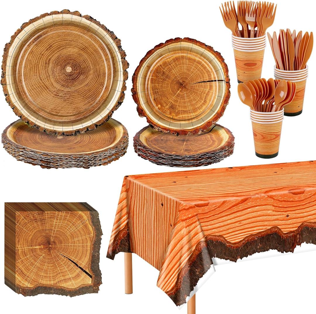 Durony 129 Pieces Camping Birthday Party Supply Hunting Party Plate Tablecloth Cup Napkins Wood Slice Tableware Decorations for Kids Camo Hunter Themed Party