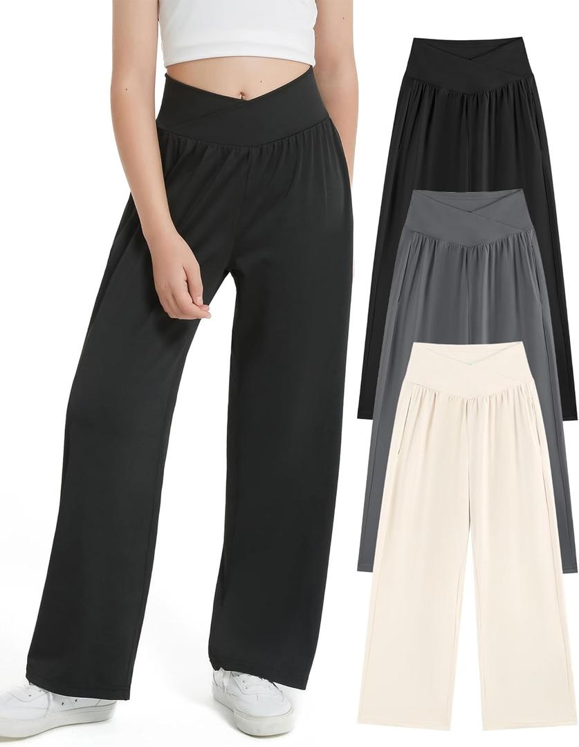EXARUS 3 Pack Girls Lightweight Baggy Pants Straight/Tapered Wide Leg Pants Elastic Waist Flowy Pants with Pockets 6-14Y (14 Years, Set-1 Crossover Wide Leg)