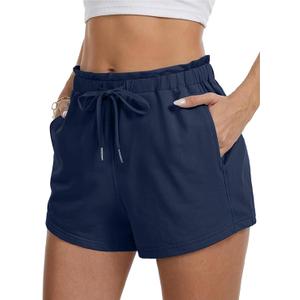  Women's Lounge Shorts with Pockets Summer Soft Drawstring Athletic Casual Sweat Shorts, Navy Blue Large