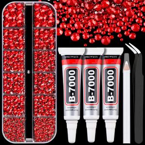 Resin Rhinestones for Crafting with B7000 Jewelry Glue, 1 Box Red Flatback Crystals with 3Pcs 10ml Glue for Bedazzling Crafts DIY Nail Art MakeupNon Hotfix Gems for Clothing Shoes (1 Small Pack + Glue)
