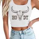 Women's Cowgirl Country Concert Sleeveless Cropped Tank Top Summer Casual Cowboy Shirt Western Graphic Top Cute Outfit (White--cow Bull), Small